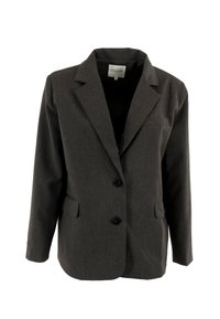 Blazer grigio scuro a righe con colletto a rib alta, due tasche frontali e due bottoni. Tessuto liscio con un design elegante.