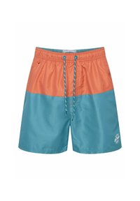 Kąpielówki z dwukolorowym wzorem: pomarańczowa górna część i turkusowy dół. Wykonane z lekkiego materiału, z elastycznym pasem i sznurkiem do regulacji.