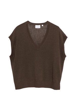 Brązowa dzianinowa kamizelka bez rękawów z dekoltem w serek i prążkowanym wykończeniem, oznaczona jako rozmiar small marki Comma.