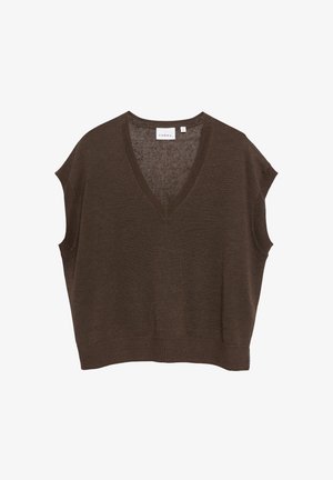 Brązowa dzianinowa kamizelka bez rękawów z dekoltem w serek i prążkowanym wykończeniem, oznaczona jako rozmiar small marki Comma.