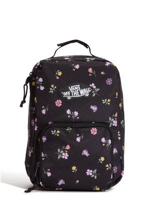 Czarny plecak Vans z małym kolorowym kwiatowym wzorem, przednią kieszenią na suwak, górnym uchwytem i naszywką z logo Vans "Off The Wall".