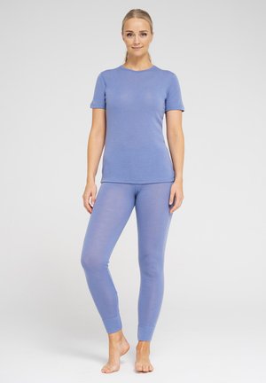 Lys blå tæt siddende t-shirt og leggings sæt, blød tekstur, korte ærmer, ribbede manchetter på leggings, lavet af strækbart stof.