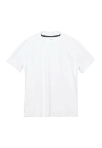Camiseta blanca de manga corta con escote redondo, hecha de una tela suave, con aberturas laterales y un detalle en negro que contrasta en el cuello.