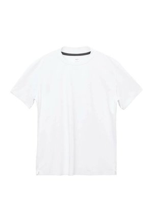 Witte t-shirt met korte mouwen en een ronde hals, gemaakt van gladde stof, met zijsplitten en een contrasterend zwart detail op de kraag.
