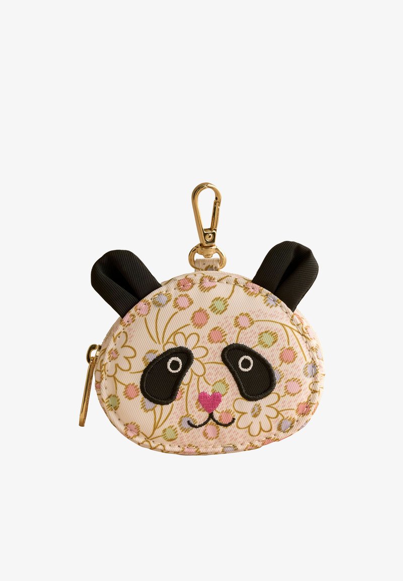 Petit porte-monnaie à motif floral en forme de visage de panda avec des oreilles noires, un nez rose, une fermeture éclair dorée et un clip.