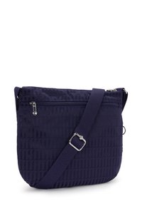 Borsa a tracolla blu navy con un motivo testurizzato, dotata di chiusura a zip e tracolla regolabile. Realizzata in tessuto resistente con accessori in metallo argentato.