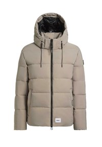 Lys beige pufferjakke med hætte, med en frontlynlås, snoretræk og horisontalt kviltet design. Inkluderer et logo-patch.