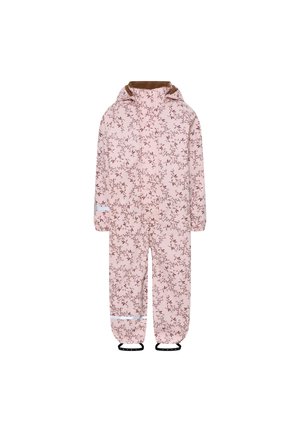 Roze waterdichte jumpsuit met capuchon, bloemenpatroon, elastische manchetten, enkelbandjes en reflecterende strepen op mouwen en benen.