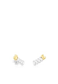 Piccole orecchini a forma di spirale in argento con un piccolo elemento dorato ondulato nella parte superiore, mostrati su uno sfondo bianco.