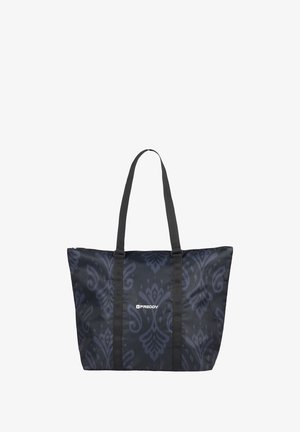 Grand sac fourre-tout noir avec un motif damassé bleu foncé, en tissu, doté de deux bandoulières noires robustes et d'un logo blanc à l'avant.