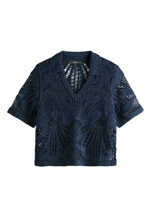 Navy blue crochet short-sleeve top with collar and V-neck, featuring floral and geometric open knit patterns.