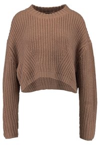 Brązowy sweter o kroju cropped z teksturą ryżową, szerokimi rękawami i okrągłym dekoltem. Gruby materiał dzianinowy nadaje mu przytulny wygląd.