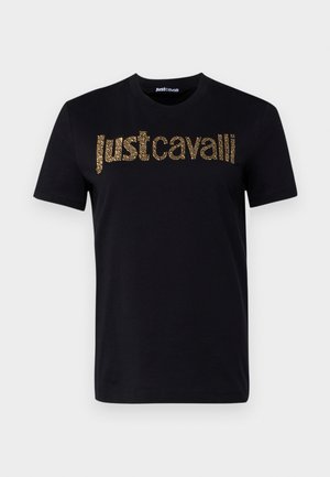 T-shirt nera in cotone con logo in strass dorati "justcavalli" sul petto. Maniche corte e scollatura rotonda.