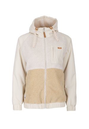 Kapuzensweatjacke mit beigen und cremefarbenen Sherpa-Fleece-Einsätzen, durchgehendem Frontreißverschluss, Brusttasche und elastischen Bündchen.