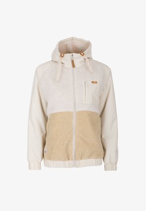 Hooded jacket with beige and cream sherpa fleece panels, full front zipper, chest pocket, and elastic cuffs.
