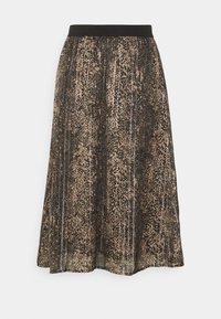 En knälång kjol med ett leopardmönster i brunt och svart, dekorerad med vita vertikala ränder, avslutad med ett svart elastiskt midjeband.