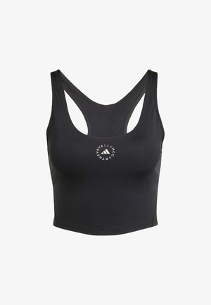Černá sportovní podprsenka s hlubokým výstřihem a širokými ramínky. Výrazným prvkem je kulatý logotyp uprostřed. Hladký, pružný materiál.