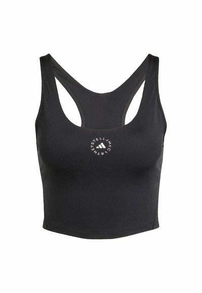 Czarny stanik sportowy z wycięciem w serek i szerokimi ramiączkami. Charakterystycznym akcentem jest okrągłe logo na środku. Gładki, elastyczny materiał.