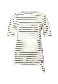 Crème kleurige gestreepte T-shirt met korte mouwen en marineblauwe lijnen. Heeft een gedraaide knoopdetail aan de onderkant en tekstversiering op de voorkant.
