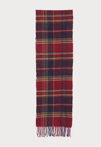Red tartan scarf featuring navy, yellow, and green lines. Finished with fringed edges, made from a soft, textured fabric.