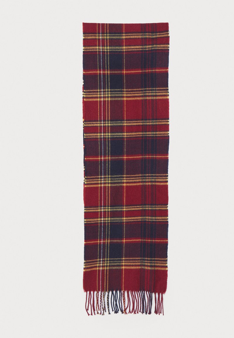 Red tartan scarf featuring navy, yellow, and green lines. Finished with fringed edges, made from a soft, textured fabric.