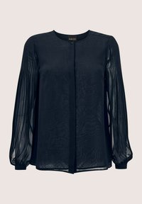 Schwarze transparente Bluse mit langen, plissierten Ärmeln und Rundhalsausschnitt. Verfügt über einen Knopfverschluss vorne und hat einen lockeren Schnitt. Strukturiertes Gewebe.