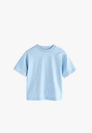 T-shirt azzurro chiaro a maniche corte realizzato in tessuto morbido; presenta un colletto rotondo a costine e un orlo dritto.
