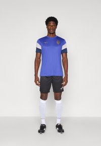 Modrá športová dres s bielymi a námorníckymi akcentmi, čierne šortky a biele ponožky. Obsahuje logo na hrudi a čierne futbalové kopačky.