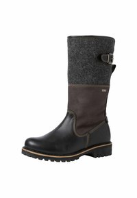 Botte haute en cuir noir et en feutre gris avec un panneau en daim marron, une boucle sur le côté et une semelle texturée pour une meilleure adhérence.