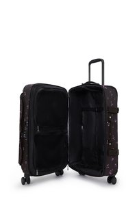 Svart tygväska med blommönster, dubbla fack, nätfickor, justerbara remmar och hjul, helt öppen för att visa inredningsdesignen.