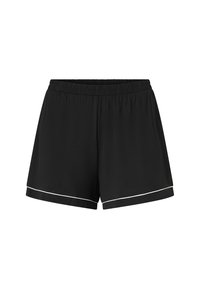 Černé šortky vyrobené z lehkého materiálu, s elastickým pasem a bílou stužkou podél lemu pro kontrast. Jednoduchý design a střih.