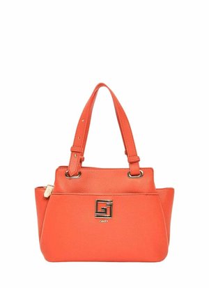 Borsa a tracolla in pelle arancione con doppi manici superiori e un emblema centrale con logo metallico.