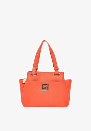 Borsa a tracolla in pelle arancione con doppi manici superiori e un emblema centrale con logo metallico.