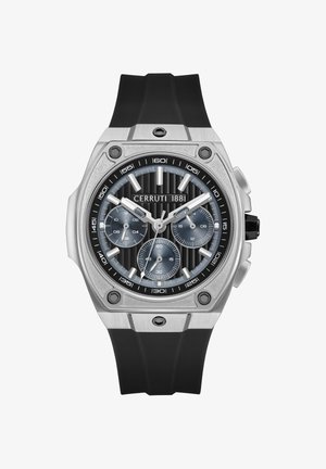 Cerruti 1881 pulkstenis ar sudraba nerūsējošā tērauda korpusu, melnu gumijas siksnu, pelēku teksturētu ciparnīcu un trim apakšdaiļiem; iekļautas melnas akcentu detaļas.