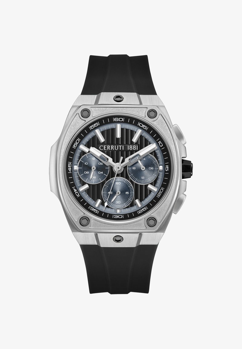 Reloj Cerruti 1881 con caja de acero inoxidable plateado, correa de goma negra, esfera gris texturizada y tres subesferas; presenta detalles de acentos en negro.