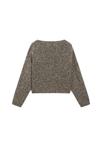 Maglione a maniche lunghe, lavorato a maglia, con un motivo mélange bianco e nero, con polsini e orlo a coste, mostrato disteso da dietro.