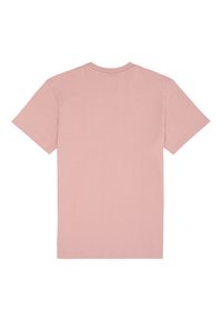 Maglietta di cotone rosa con maniche corte, scollo rotondo e design semplice, caratterizzata da una texture liscia e colore uniforme senza motivi o accenti.