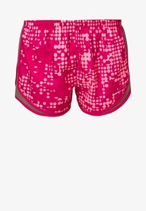 Lyserøde atletikshorts med lyserønt abstrakt prikkemønster, grå sidepaneler og lille Nike Swoosh-logo på højre ben.