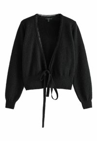 Cardigan noir en tricot avec une texture douce, à l'avant ouvert et avec une fermeture à nouer. Dispose de manches longues bouffantes et d'une coupe courte.