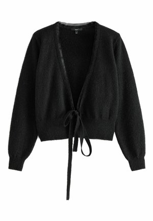 Black knitted cardigan with a soft texture, open front, and a tie closure. Features long puff sleeves and a cropped fit.