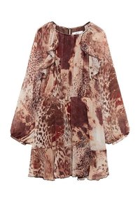 Blumenmuster-Kleid mit langen Ärmeln, Rüschenausschnitt und mehrlagigem Rock in Braun- und Cremetönen. Leichte, halbtransparente Stoffqualität.