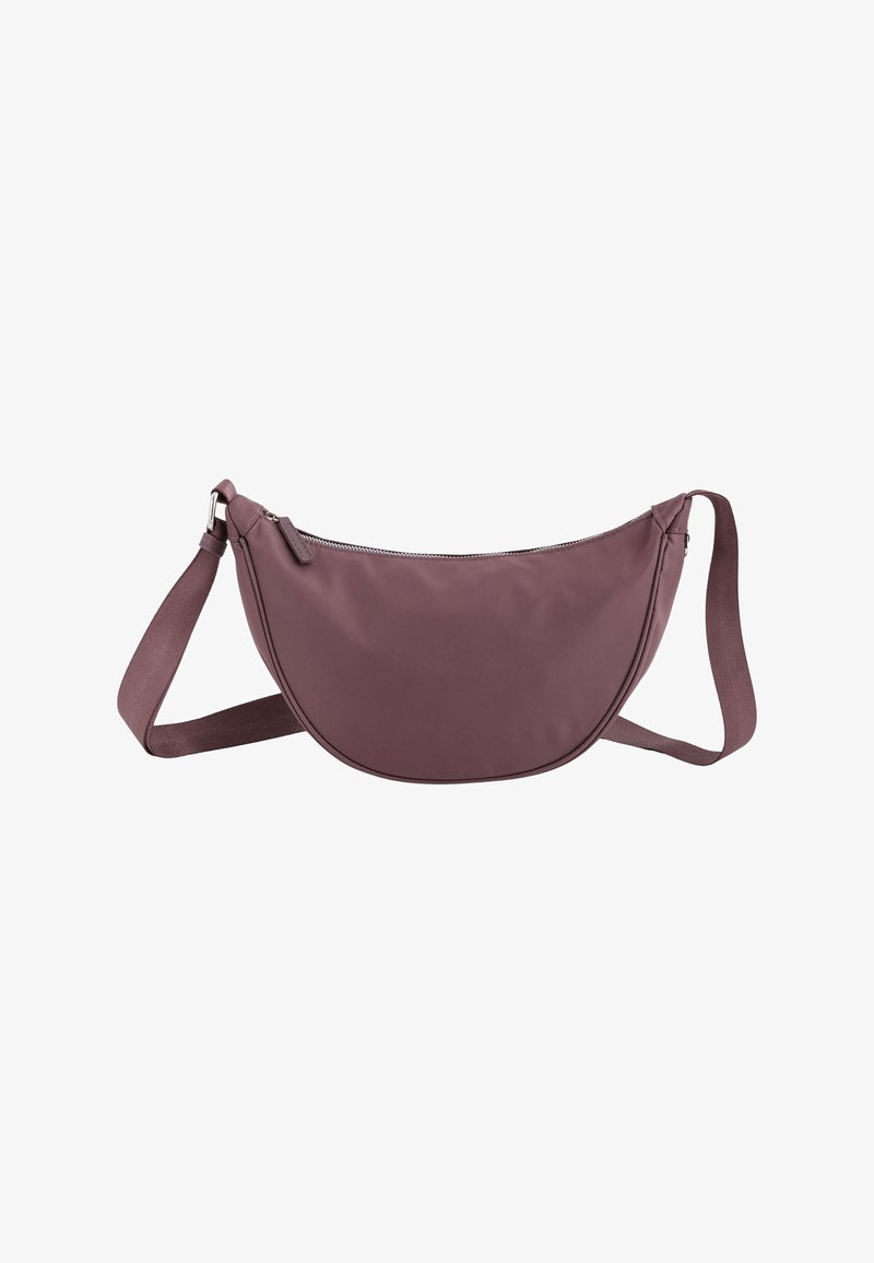 Hobo taske i dyb mauve, lavet af blødt stof med en glat tekstur. Har en lynlåslukning og en bred justerbar rem.