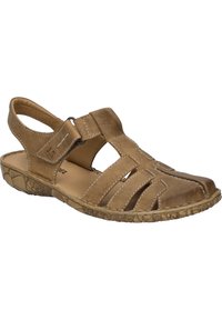 Braune Leder-Sandale mit offenem Zehenbereich, mehreren Riemen und einer gepolsterten Innensohle. Strukturierte Gummisohle für besseren Grip.