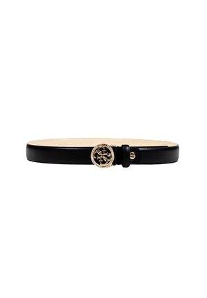 Ceinture en cuir noir avec une boucle ronde en métal doré ornée de lettres décoratives entrelacées, présentée sur un fond blanc.