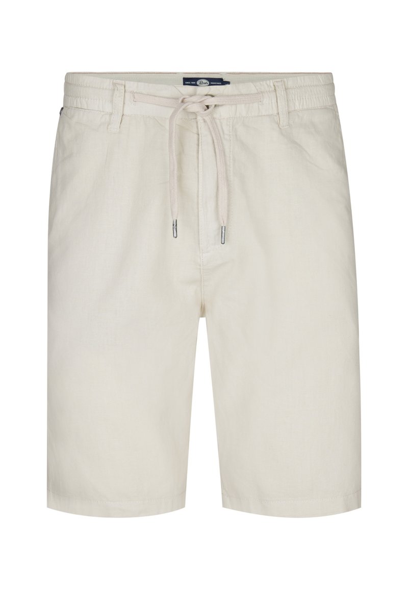 Pantalones cortos beige claros hechos de una suave tela, con una cinturilla elástica y cordón, bolsillos laterales y un dobladillo recto.