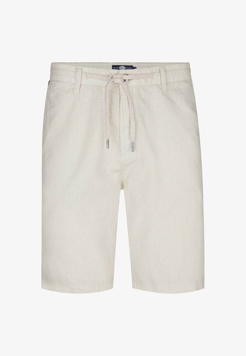 Helle beige Shorts aus weichem Stoff, mit einem elastischen Taillenbund und Kordelzug, Seitentaschen und geradem Saum.