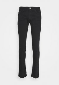 Svarta slim-fit jeans med fem fickor, knappstängning och bälteshällor, visade mot en enfärgad vit bakgrund.