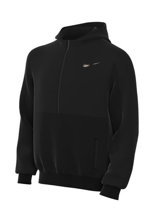 Μαύρη μπλούζα Nike με κουκούλα, με φερμουάρ μέχρι τη μέση μπροστά, μπροστινή τσέπη, ριμπ μανσέτες και μικρό λογότυπο Nike swoosh στο στήθος.