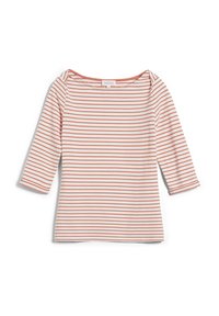 Stribet top med bådudskæring, prydet med tynde orange og hvide striber. Fremstillet af blødt stof med trekvartærmer og en tætsiddende silhuet.