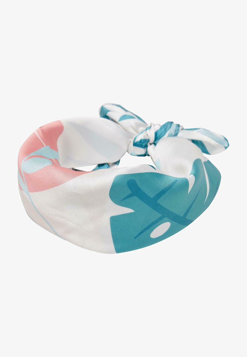Bandeau en soie avec nœud, présentant des motifs abstraits en bleu, rose et blanc, conçu pour coiffer les cheveux ou comme accessoire de mode.